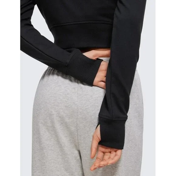 CRZ YOGA Women's Fleece Lined Zip Up Cropped Hoodie - Long Sleeve with Thumbhole - Picture 3 of 9